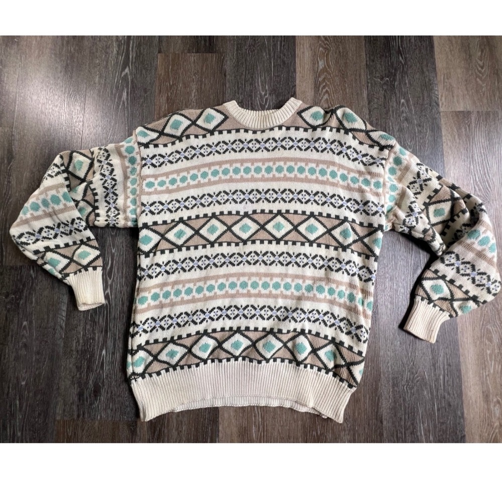 Claiborne Sweater Mens L Cream Teal Geometric Fair Isle Cotton Long Sleeve